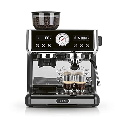 BEEM ESPRESSO-GRIND-EXPERT Premium Espresso-Siebträgermaschine mit Mahlwerk | 2-Thermoblöcke | Extraktions- und Mahlzeitanzeige, Edelstahl, Silber-schwarz