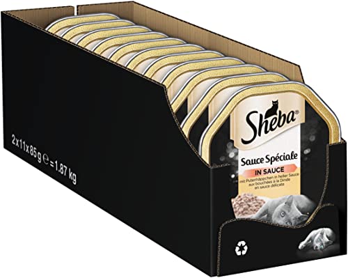 Sheba Katzennassfutter Sauce Spéciale, 22 Schalen, 11x85g (2er Pack) – Katzenfutter nass, mit Putenhäppchen in heller Sauce