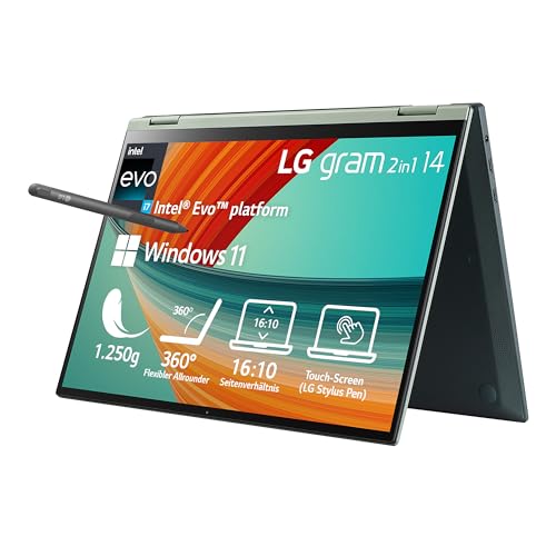 2023 LG gram 14 Zoll Ultralight 2-in-1 Convertible Notebook & Tablet - 1.250g Intel Core i7 (16GB RAM, 1TB SSD, 16:10 IPS LCD Display mit Pen Touch, Thunderbolt 4, Win 11 Home, Mirametrix) - Grün