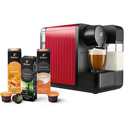 Tchibo Cafissimo „milk“ Kaffeemaschine Kapselmaschine inkl. 30 Kapseln für Caffè Crema, Espresso, Kaffee und Milchspezialitäten, Kapselmaschine mit Milchaufschäumer, Rot