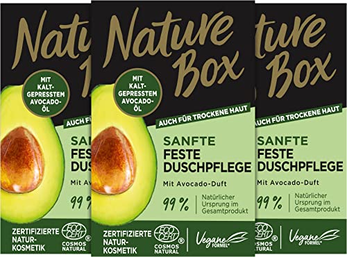 Nature Box Sanfte Feste Duschpflege mit Avocado-Duft (100 g), pflegende Duschseife mit kaltgepresstem Avocado-Öl, extra schäumendes festes Duschgel, recycelbare Verpackung